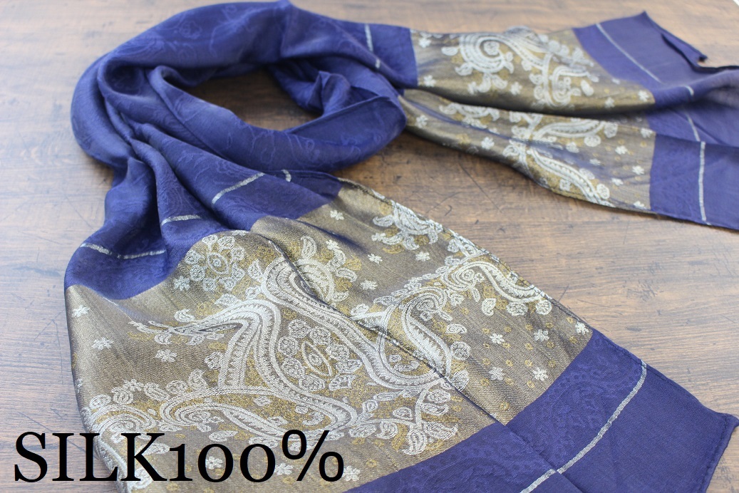 新品 薄手【シルク100% SILK】ペイズリー柄 ネイビー 紺 NAVY ゴールド GOLD 金 スカーフ/ストール_画像1