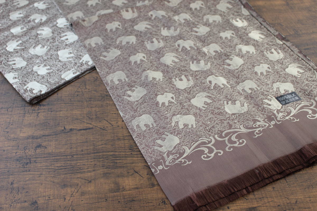  new shortage of stock hand [ silk 100% SILK] Elephant pattern . pattern car in Brown S.BROWN large size stole / scarf 