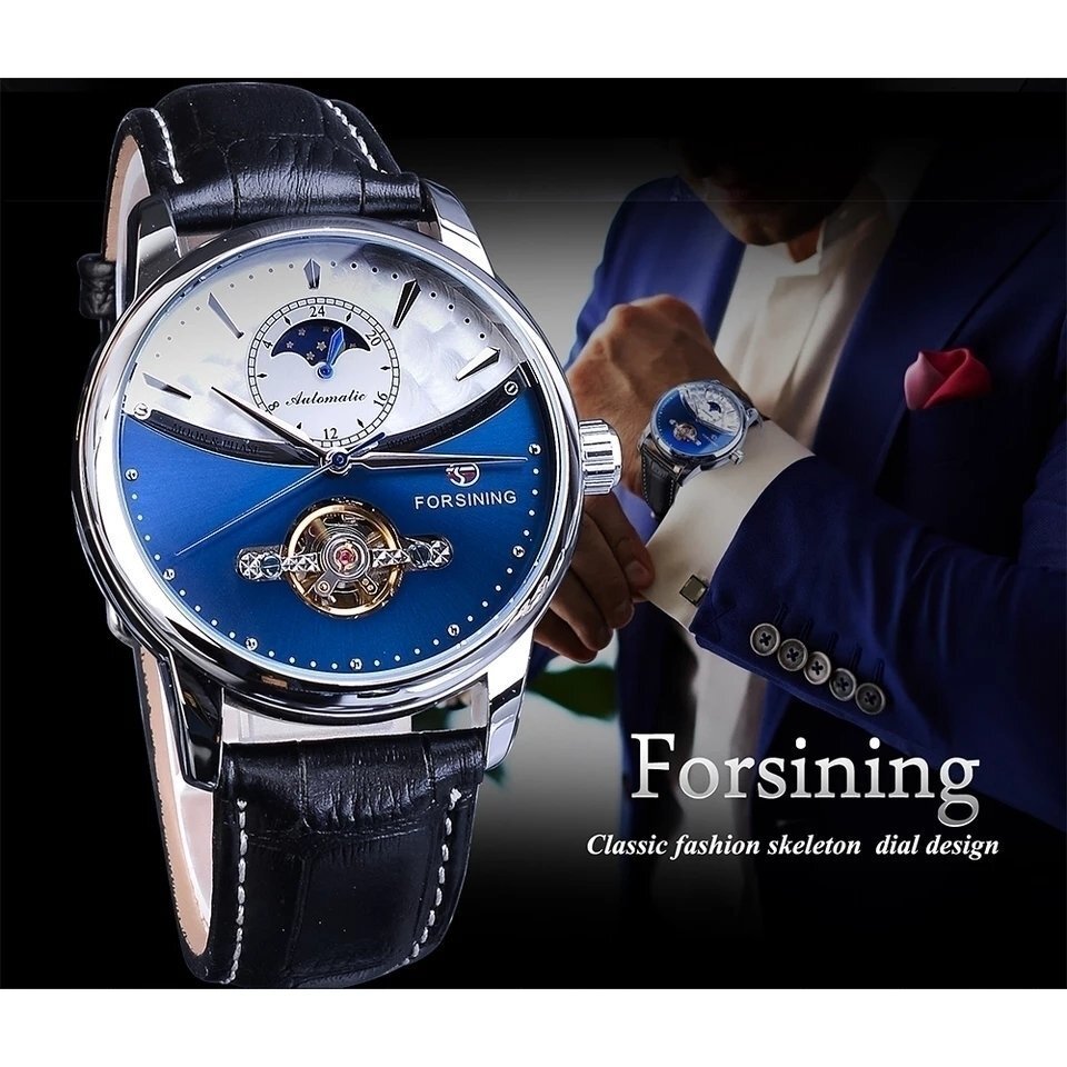 Forsining クラシックブルームーンフェイズ機械式時計自動トゥールビヨンメンズ本革腕時計レロジオ Masculino A178_画像2