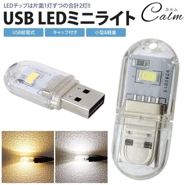 USB LEDライト ミニライト 両面発光 LED 2灯 小型 軽量 携帯 簡単点灯 キャップ付き コンパクト 【白色】の画像1