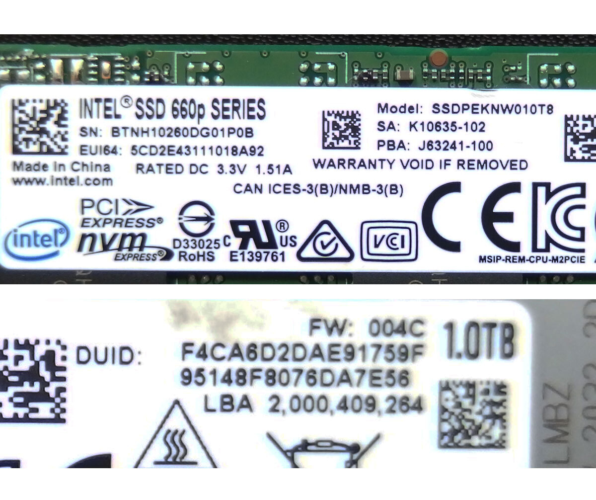 ssd99 INTEL 660p 1TB(1024GB) NVMe SSD 使用時間：313時間 SSDPEKNW010T8 中古動作品_画像2