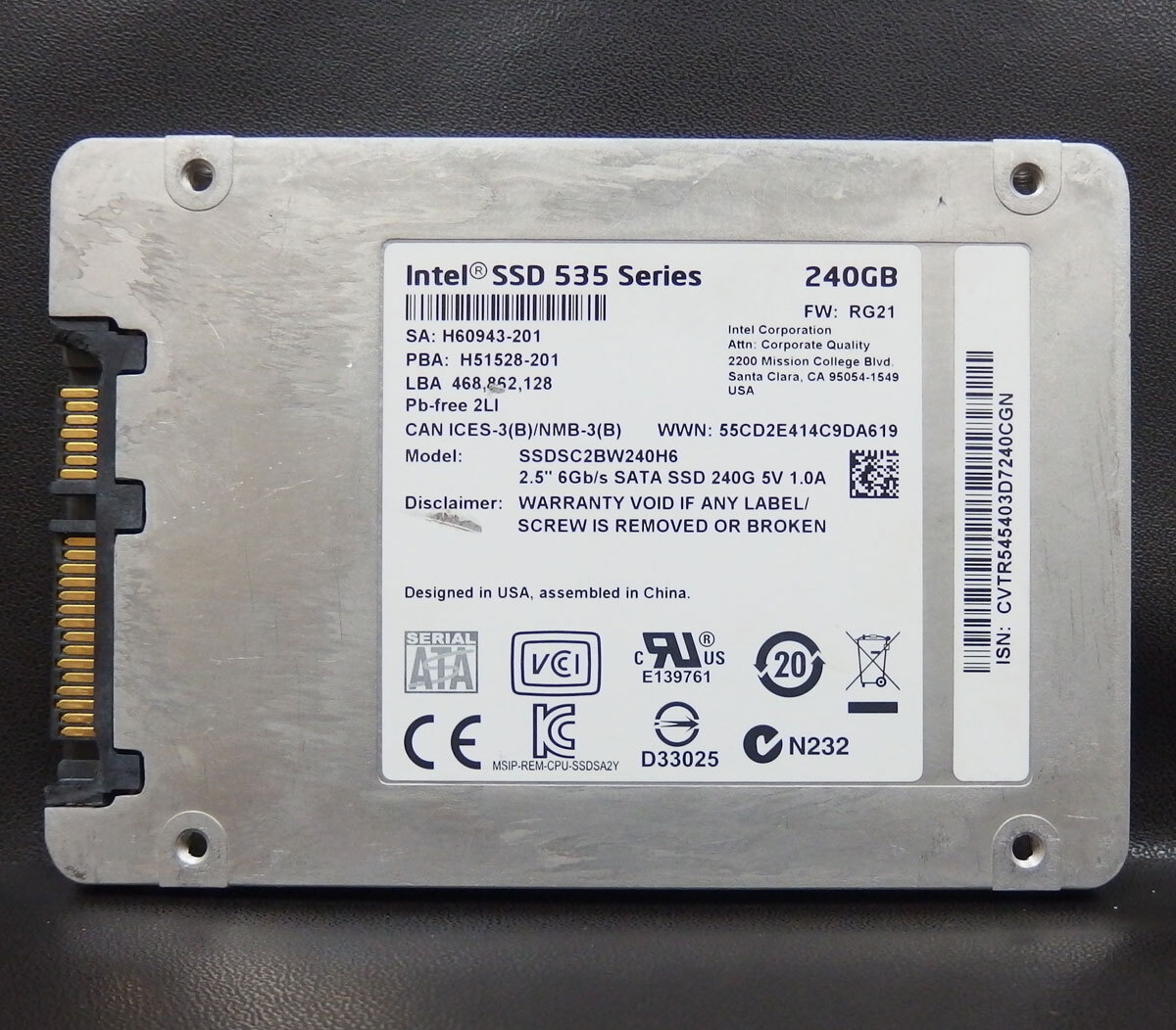 ssd101 INTEL 535 240GB 2.5inch SSD 使用時間：584時間 SSDSC2BW240H6 中古動作品_画像2