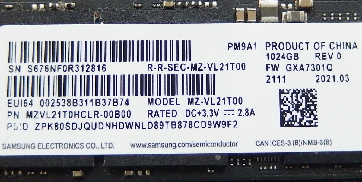 ssd93 SAMSUNG MZ-VL21T00 PM9A1 1TB(1024GB) NVMe SSD 使用時間：1018時間 中古動作品_画像2