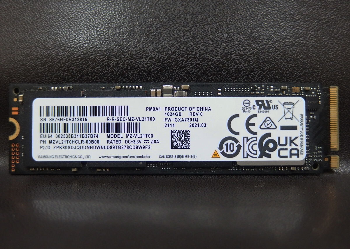 ssd93 SAMSUNG MZ-VL21T00 PM9A1 1TB(1024GB) NVMe SSD 使用時間：1018時間 中古動作品_画像1