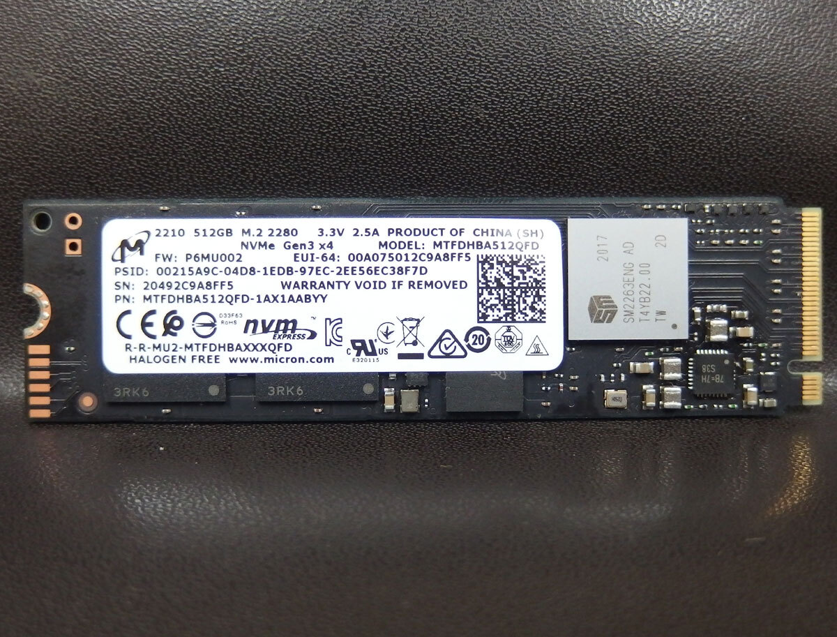 ssd95 Micron 2210 MTFDHBA512QFD 512GB NVMe SSD 使用時間：11382時間 中古動作品_画像1