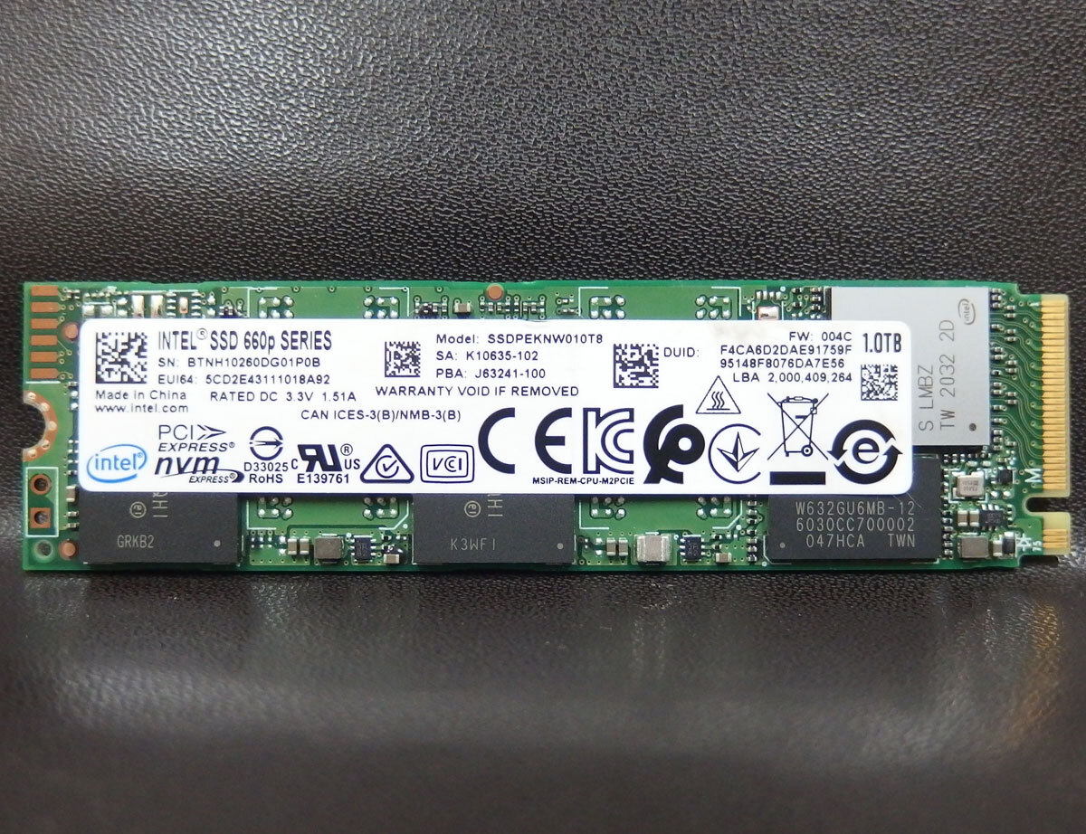 ssd99 INTEL 660p 1TB(1024GB) NVMe SSD 使用時間：313時間 SSDPEKNW010T8 中古動作品_画像1