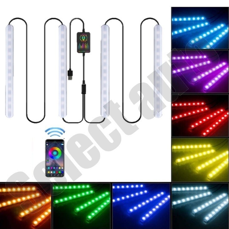送料無料 LED ライト イルミネーション 5050RGB 12LED×4本 48LED 高輝度フットライト 車内装飾 Bluetooth USB式 APPコントロールの画像2