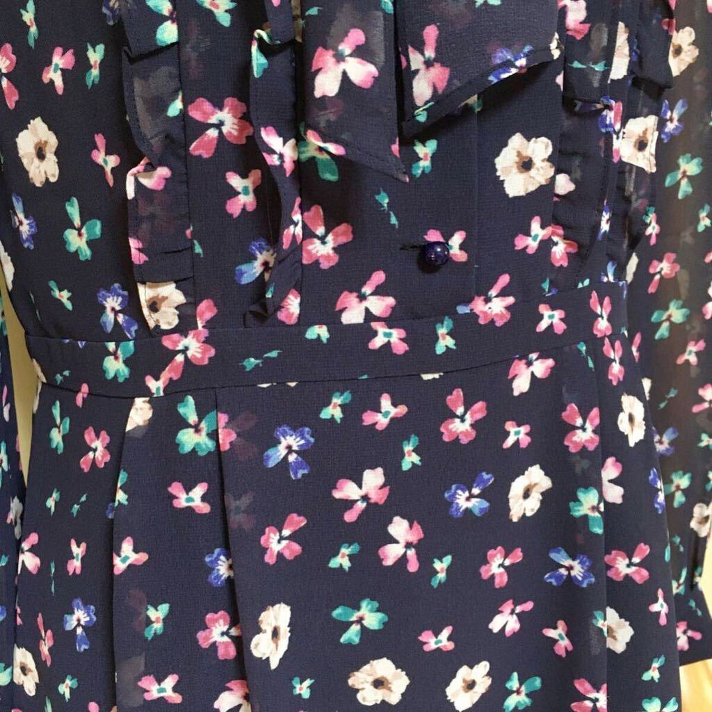 [ beautiful goods ]SunaUna SunaUna ... floral print ribbon frill chiffon One-piece 38/M size corresponding navy lady's long sleeve made in Japan 