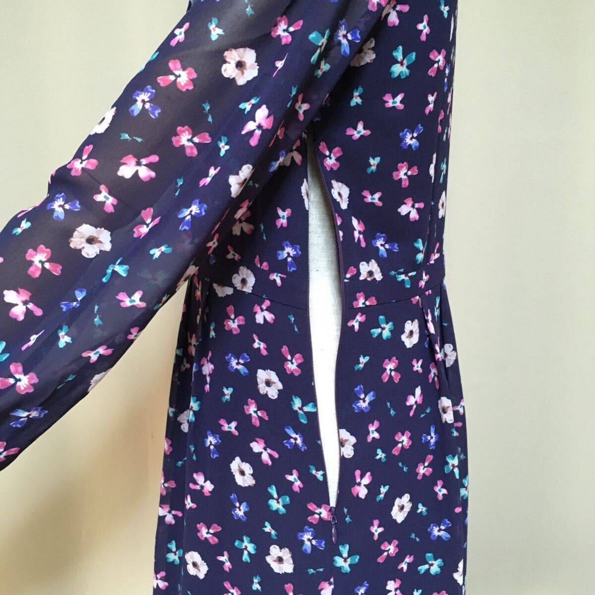 [ beautiful goods ]SunaUna SunaUna ... floral print ribbon frill chiffon One-piece 38/M size corresponding navy lady's long sleeve made in Japan 