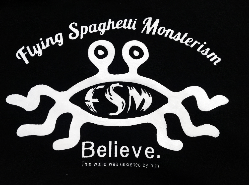 送込　Flying Spaghetti Monster　半袖Tシャツ　黒色　2XLサイズ _画像1