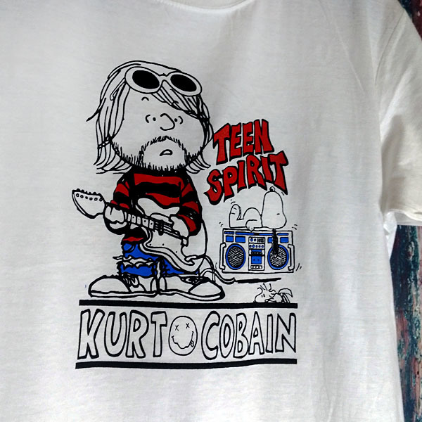 送込 カートコバーン＆スヌーピー Teen Spirit 半袖Tシャツ 白 2XLサイズの画像1