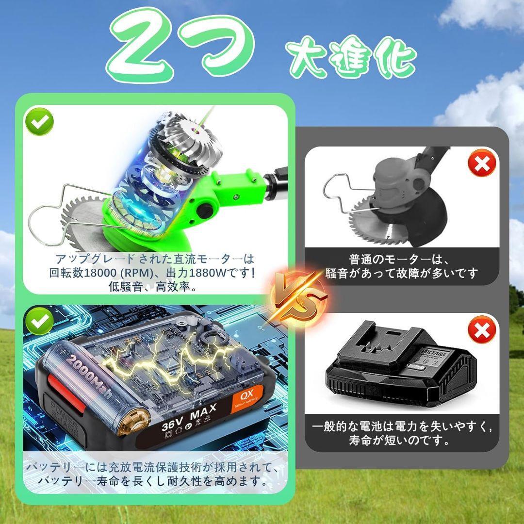 草刈り機 電動 充電式 刈払機 芝刈り機 エンジン 2000mah高性能バッテリー2個付き 枝切り 芝生 畑 雑草 植木 軽量 多替刃付き 36v 1880W