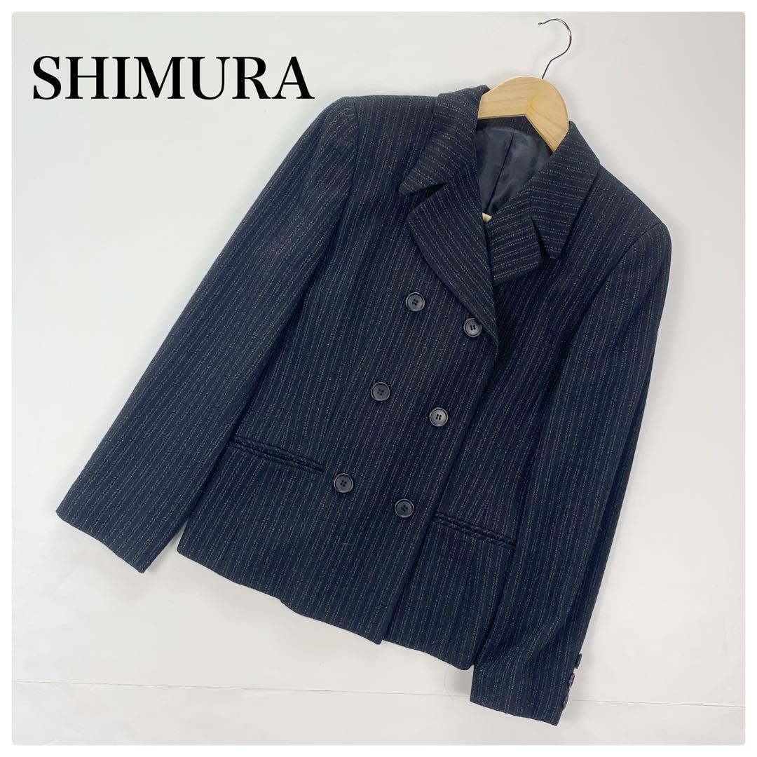 SHIMURA ウールシャケットストライプ ブラック ダブルボタン ９号 M相当 シムラ アウター レディース ウール スーツ ウールコート 黒_画像1