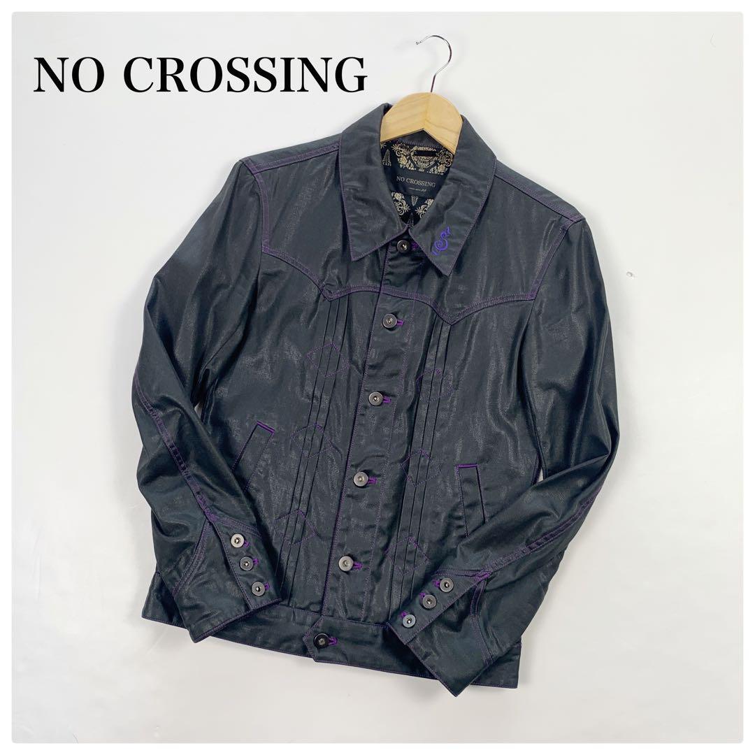 日本製 NO CROSSING ノークロッシング メンズジャケット 光沢 コットン100% 柄 ブラック 紫ライン シンプル 紫 刺繍 銀ボタン パープル_画像1