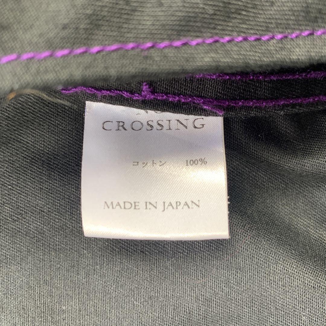 日本製 NO CROSSING ノークロッシング メンズジャケット 光沢 コットン100% 柄 ブラック 紫ライン シンプル 紫 刺繍 銀ボタン パープル_画像9