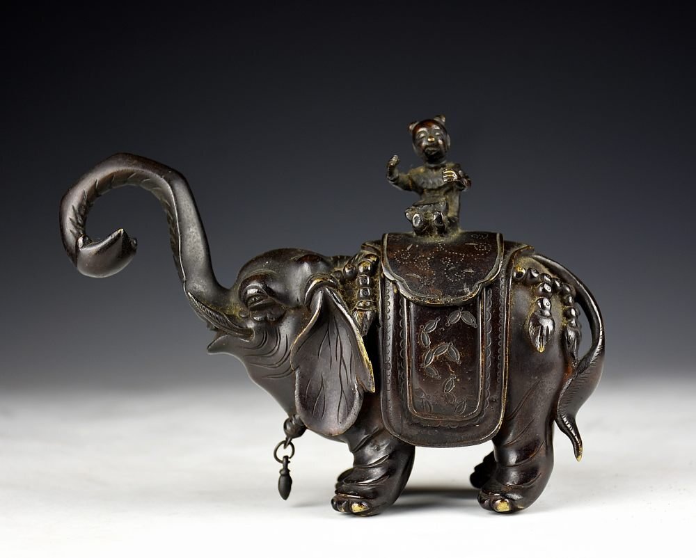 【蔵c7126】古美術　唐銅　童子象のったり香炉　江戸時代_画像1