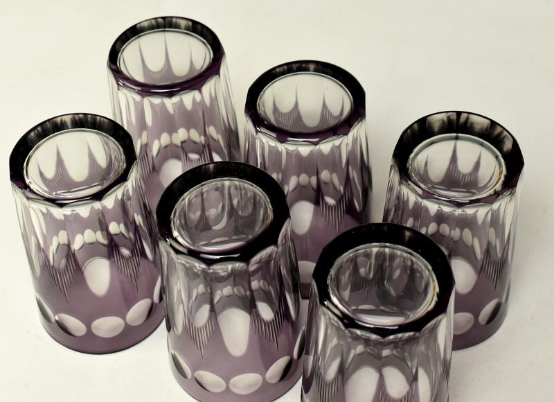 【蔵A2607a】レトロ硝子　切子　紫被せガラス　コップ　グラス　六客_画像3