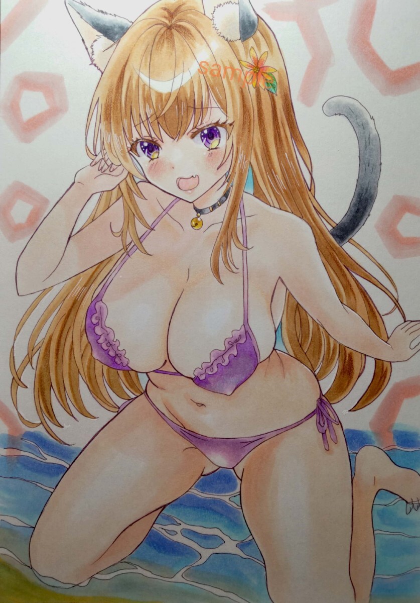 手描きイラスト オリジナル 黒猫 水着 A５サイズ_画像2