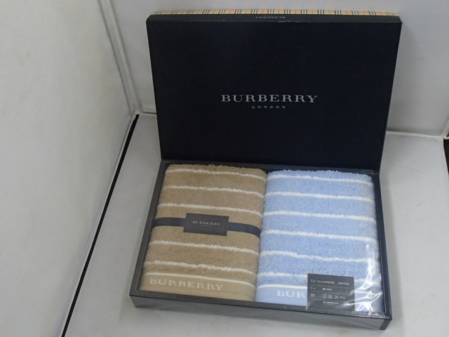 ＃60876 【未使用保管品】 BURBERRY LONDON バーバリーロンドン フェイスタオル 2枚セット 茶色 水色 綿100% 34×75cm 西川産業 BB5070_画像1