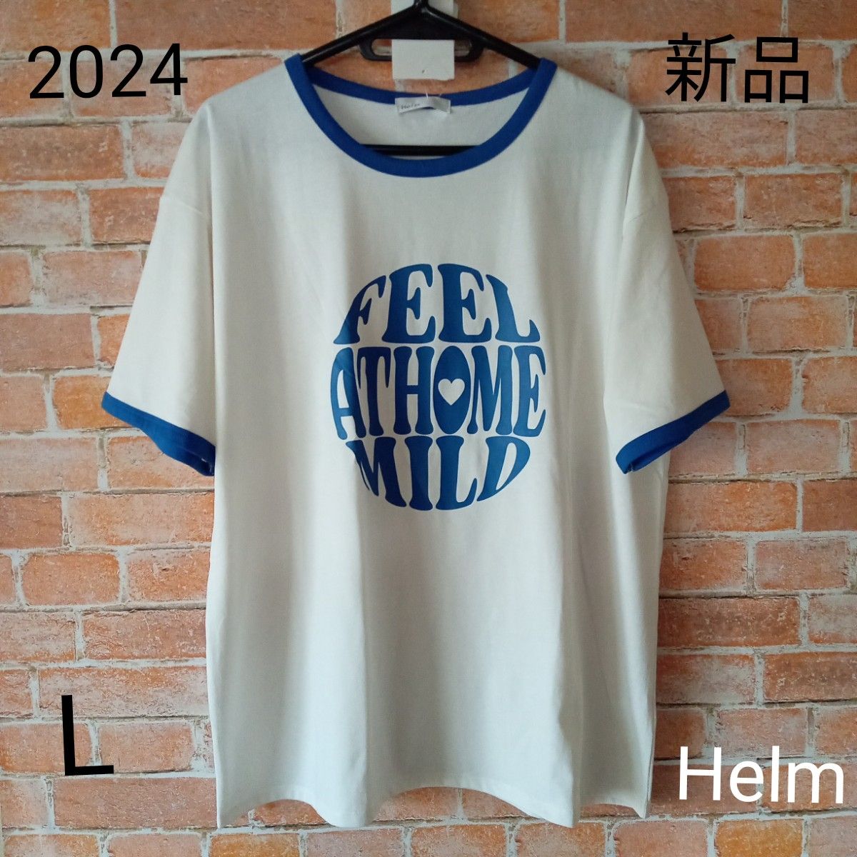  Helm（ヘルム）のサークルリンガーtシャツ。L、ブルー×オフ白。タグ付き新品未使用2024。★価格相談なし・他サイト出品中。
