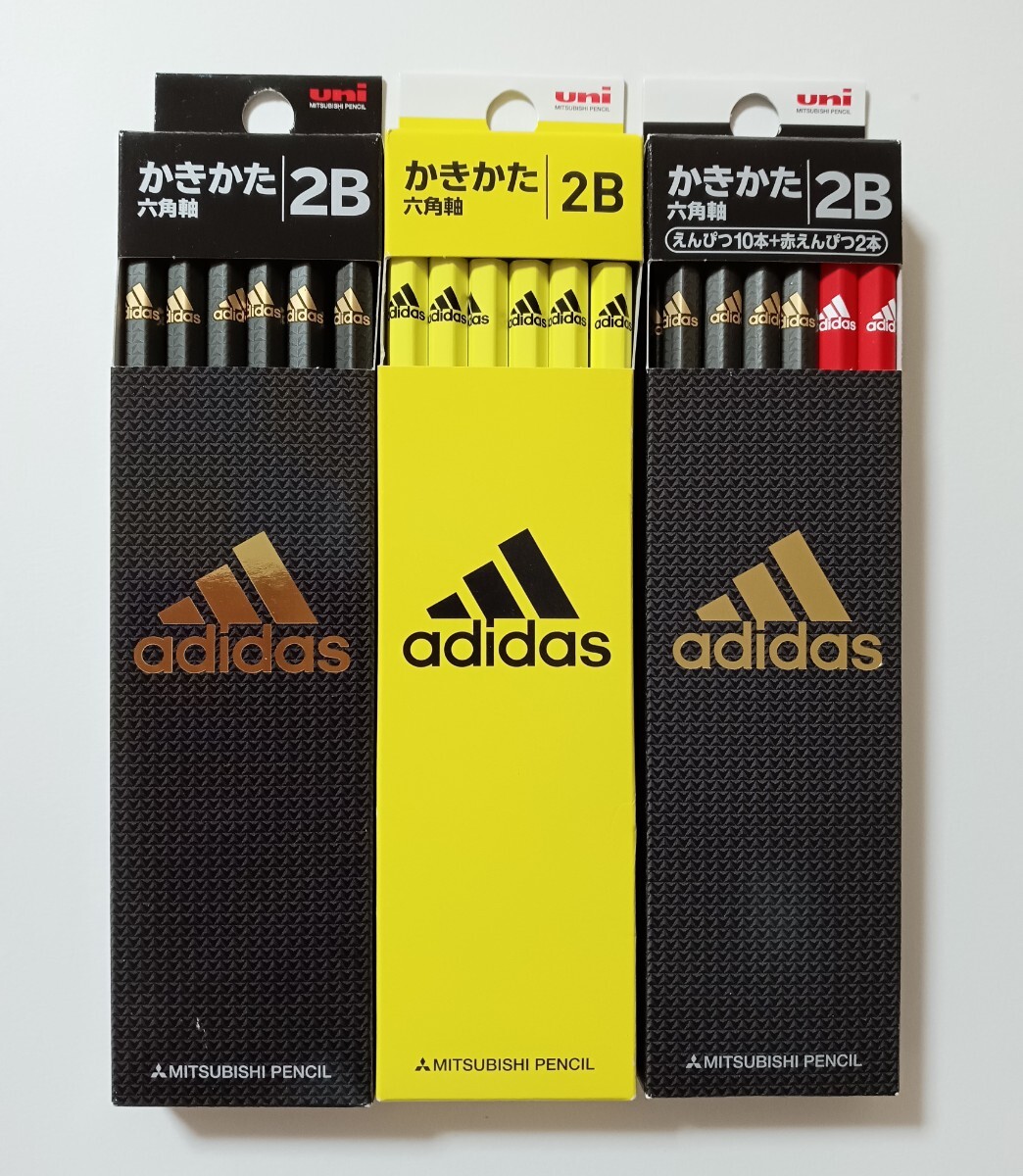 送料無料★アディダス 鉛筆 3箱セット 2B 赤鉛筆 adidas かきかたえんぴつ かきかた六角軸 2B芯 赤鉛筆 日本製 uni ブラック イエロー_画像1