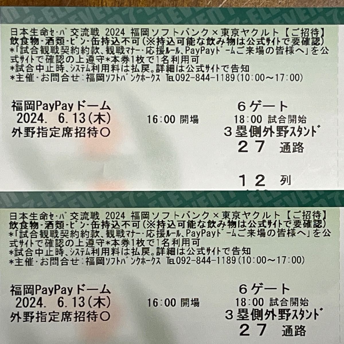 福岡ソフトバンクホークスチケット　PayPayドーム6月13日(木) ３塁側外野指定席連番２枚