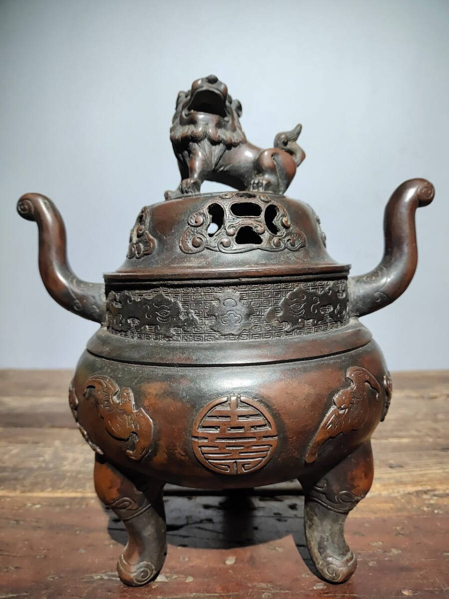 ▽鴻▽銅製 泥金 雙耳 三足熏香炉 置物 古賞物 中国 ▽鴻▽銅製 泥金 雙耳 三足熏香炉 置物 古賞物 中国