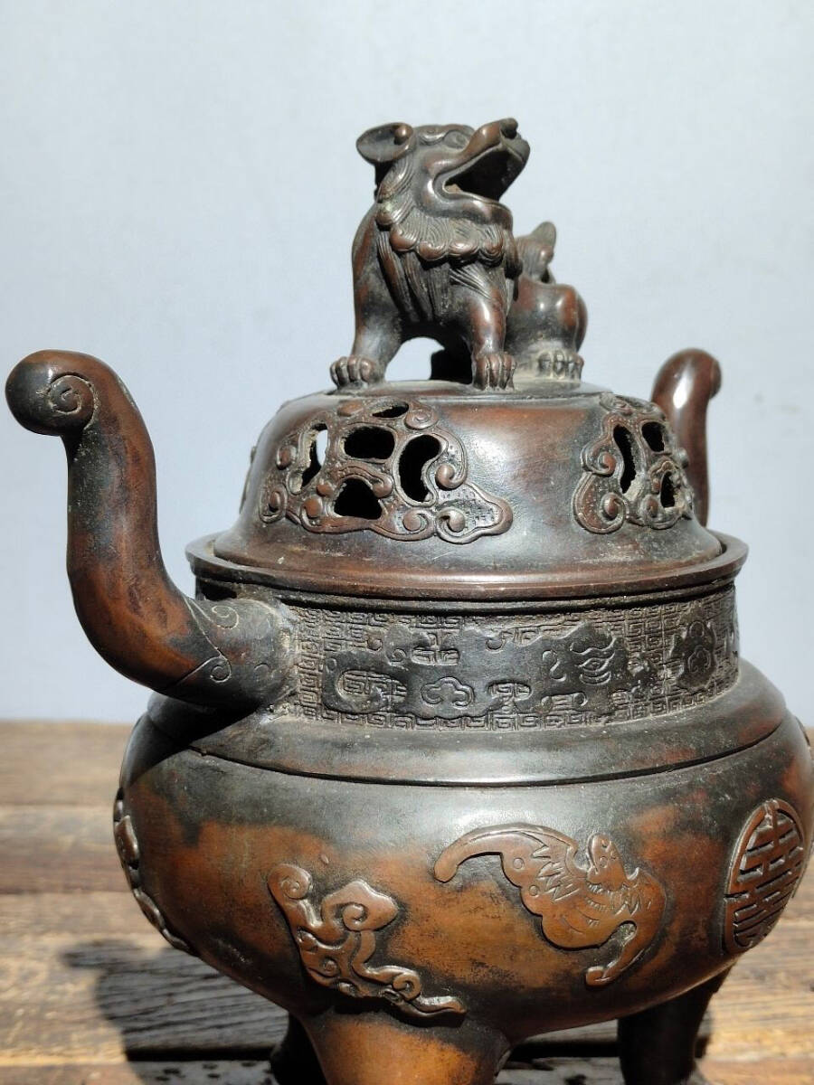 ▽鴻▽銅製 泥金 雙耳 三足熏香炉 置物 古賞物 中国 ▽鴻▽銅製 泥金 雙耳 三足熏香炉 置物 古賞物 中国