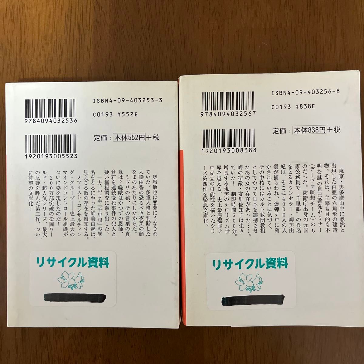 松岡圭祐　千里眼シリーズ　文庫本2冊セット「千里眼洗脳試験 」「千里眼ミドリの猿」（小学館文庫） 