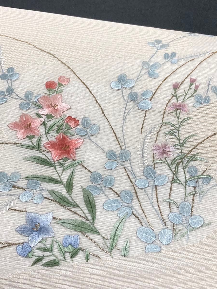 夏帯 絽綴れ 袋帯 お太鼓柄 正絹 花の刺繍 未使用 イ4020