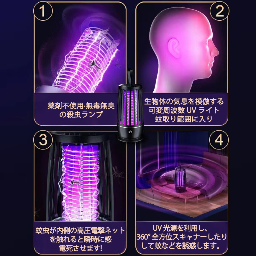 2way 電撃殺虫器 LED常夜灯 電気蚊取り器 USB充電式 殺虫灯 殺虫ライト 吸引式捕虫器 捕虫器 誘虫灯 蚊よけ 蚊除け 虫除け_画像2