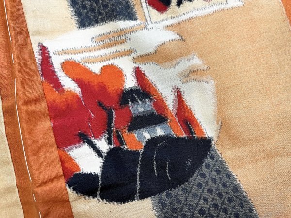 KIRUKIRU античный перо тканый .. тканый натуральный шелк длина примерно 98cm неотбеленная ткань orange ....... рисунок Taisho роман retro одевание японский костюм 