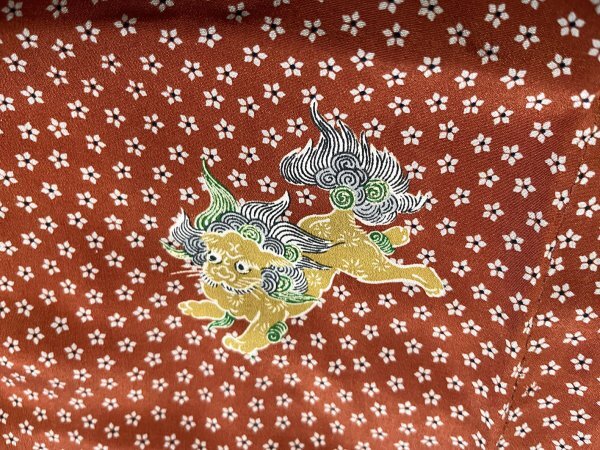 KIRUKIRU античный кимоно ... натуральный шелк длина 150.... orange земля . Tang лев рисунок мир рисунок маленький . casual обычно надеты одевание японский костюм мелкий рисунок кимоно 