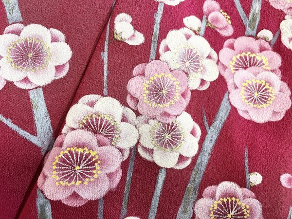 KIRUKIRU セミアンティーク 着物 訪問着 手描き染め 正絹 身丈160.5cm マゼンタ地に白やピンクの梅柄 和花 花柄 上品 レトロ 着付け 和装_画像8