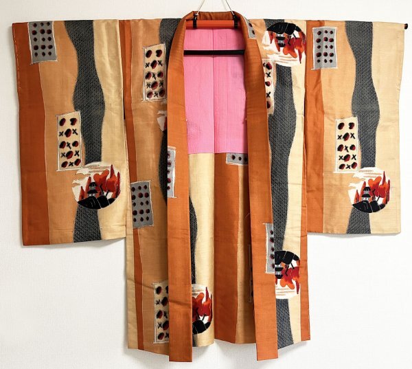 KIRUKIRU античный перо тканый .. тканый натуральный шелк длина примерно 98cm неотбеленная ткань orange ....... рисунок Taisho роман retro одевание японский костюм 