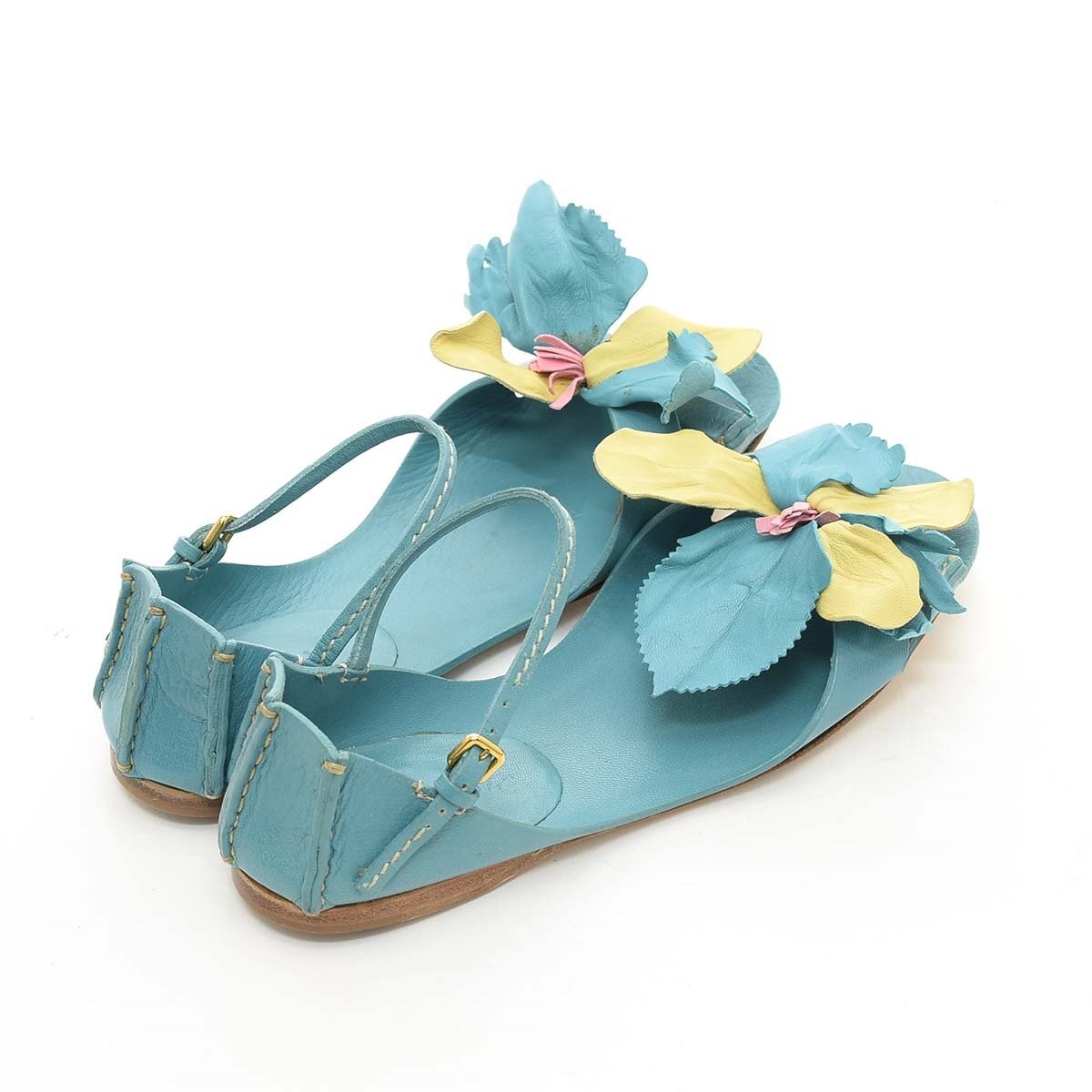 *512719 miumiu MiuMiu flower equipment ornament strap sandals size 36(23.0cm corresponding ) leather lady's blue 