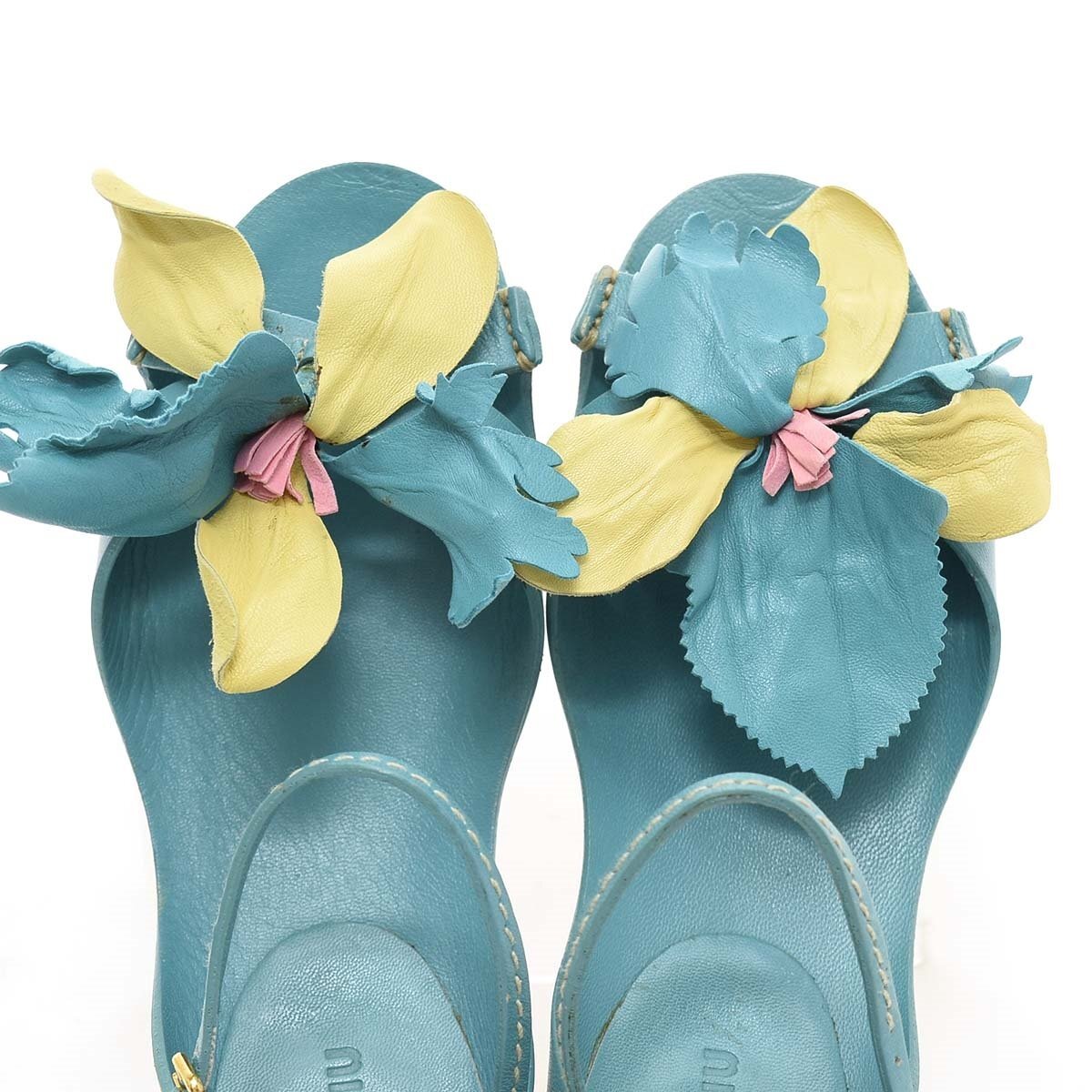 *512719 miumiu MiuMiu flower equipment ornament strap sandals size 36(23.0cm corresponding ) leather lady's blue 