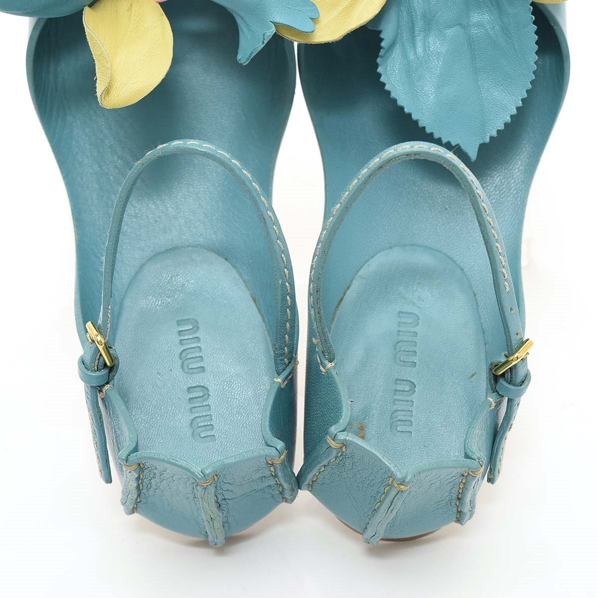 *512719 miumiu MiuMiu flower equipment ornament strap sandals size 36(23.0cm corresponding ) leather lady's blue 