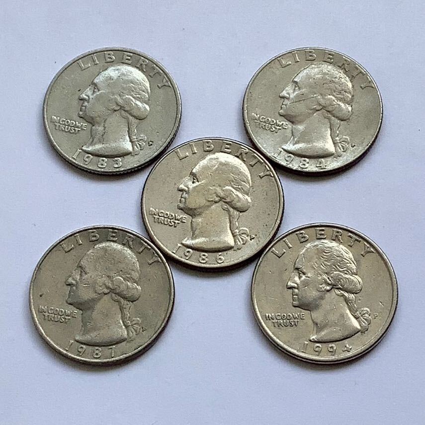 【希少品セール】アメリカ 25セント硬貨 ミントマークなし1983年〜1984年 1986年〜1987年 1994年 各1枚ずつ 5枚まとめて_画像1