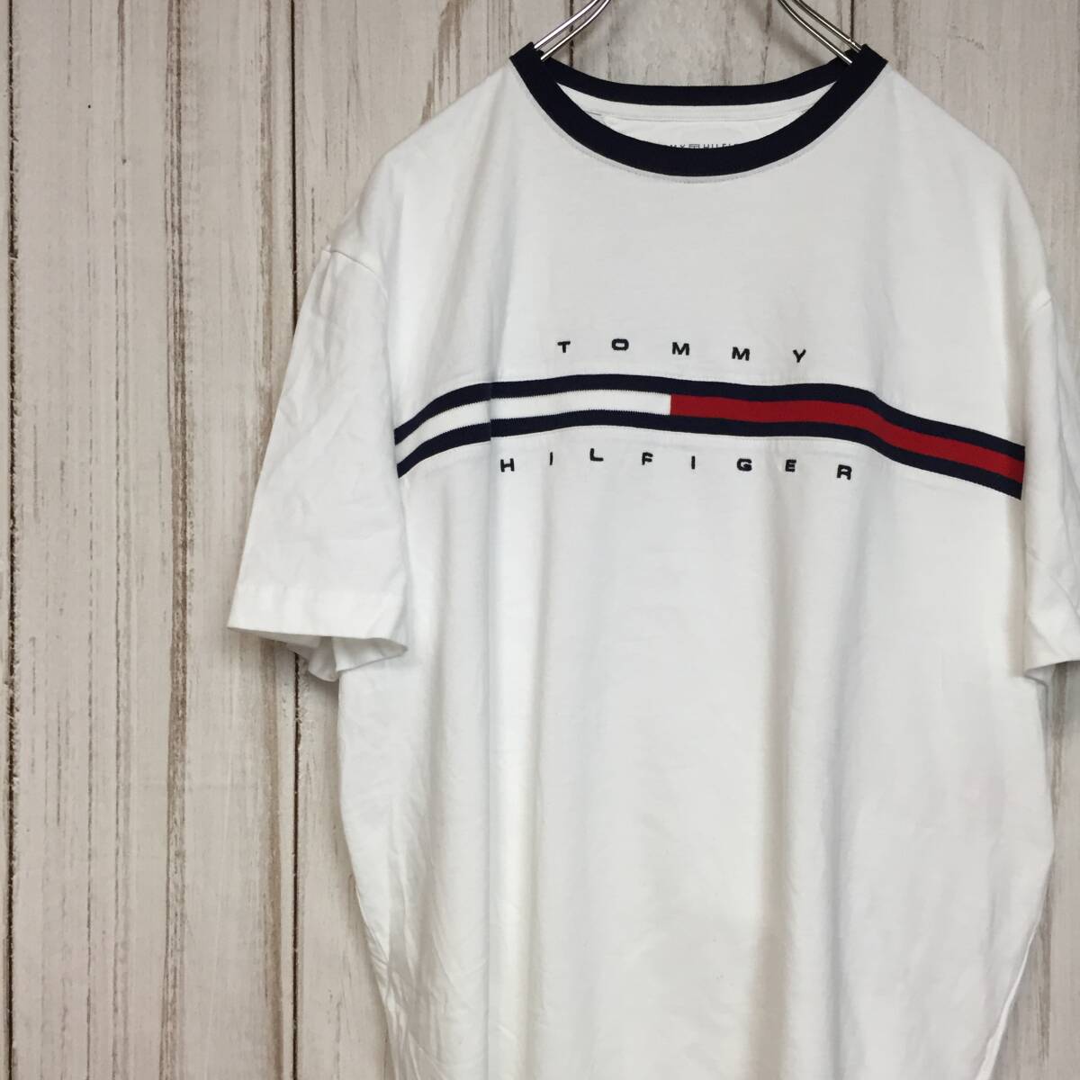 【トミーヒルフィガー 半袖ロゴTシャツ】ロゴ刺繍 リンガーＴシャツ 美品 L 白 TOMMY HILFIGER 古着 [220420-018]_画像1