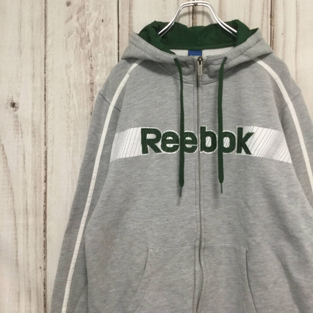 【リーボック ビッグロゴフルジップパーカー】 超ビッグサイズ スウェット プルオーパー 3XL グレー Reebok 古着 [240116-019]_画像1