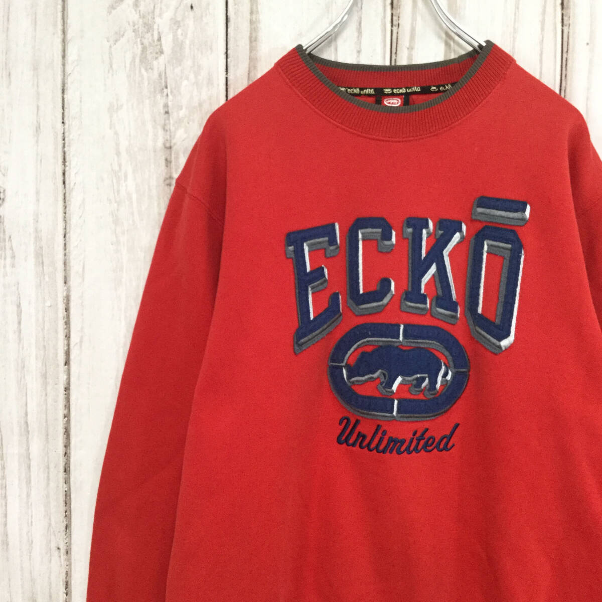 【エコーアンリミテッド ロゴスウェット】ビッグロゴ ボロ 海外サイズ トレーナー L 赤 ECKO UNLTD 古着 [240104-012]_画像1