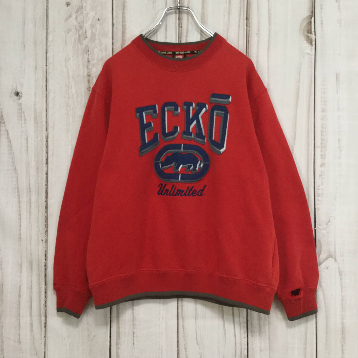 【エコーアンリミテッド ロゴスウェット】ビッグロゴ ボロ 海外サイズ トレーナー L 赤 ECKO UNLTD 古着 [240104-012]_画像2