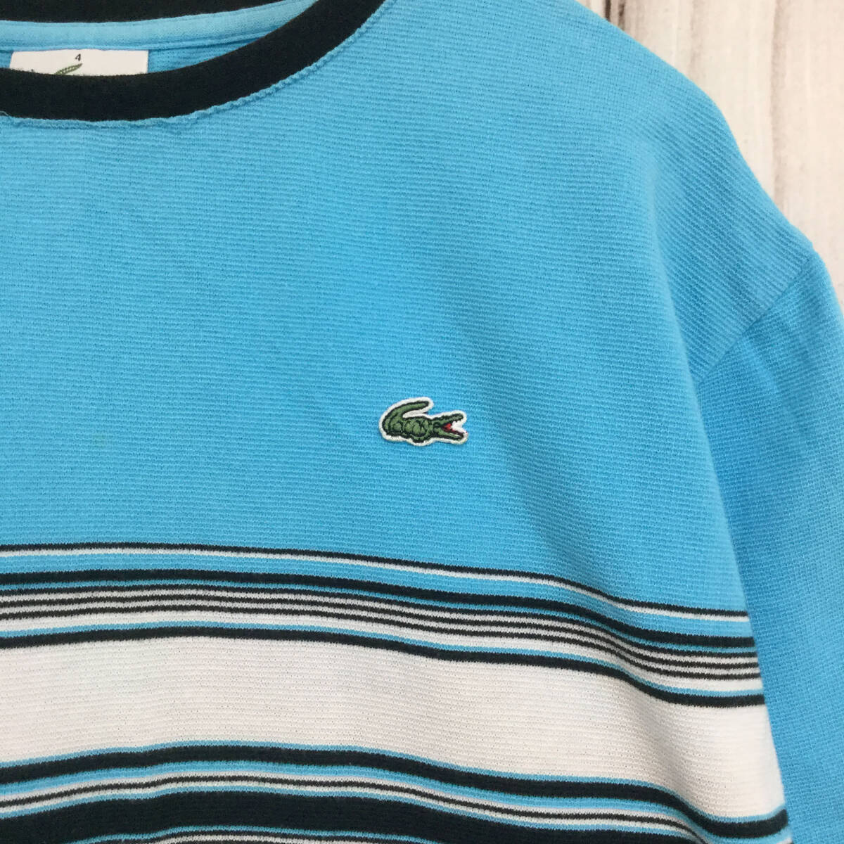 【ラコステ ロゴ刺繍半袖Tシャツ】ボーダー L相当 水色 LACOSTE 古着 [240211-029]_画像6