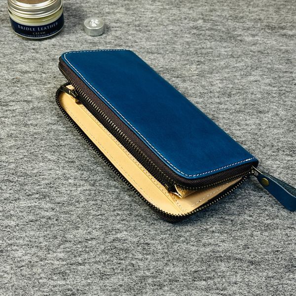  Italian leather men's purse long wallet cow leather cow leather 1 jpy new goods round fastener hand made long wallet YKK leather purse blue 