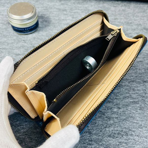  Italian leather men's purse long wallet cow leather cow leather 1 jpy new goods round fastener hand made long wallet YKK leather purse blue 