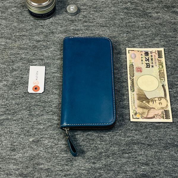  Italian leather men's purse long wallet cow leather cow leather 1 jpy new goods round fastener hand made long wallet YKK leather purse blue 