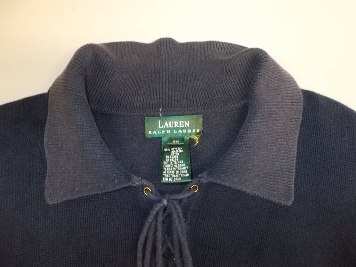 e206◆LAUREN RALPH LAUREN コットンニット◆3X 古着 90s ローレンラルフローレン セーター 綿100％素材 ネイビー色 6E_画像4