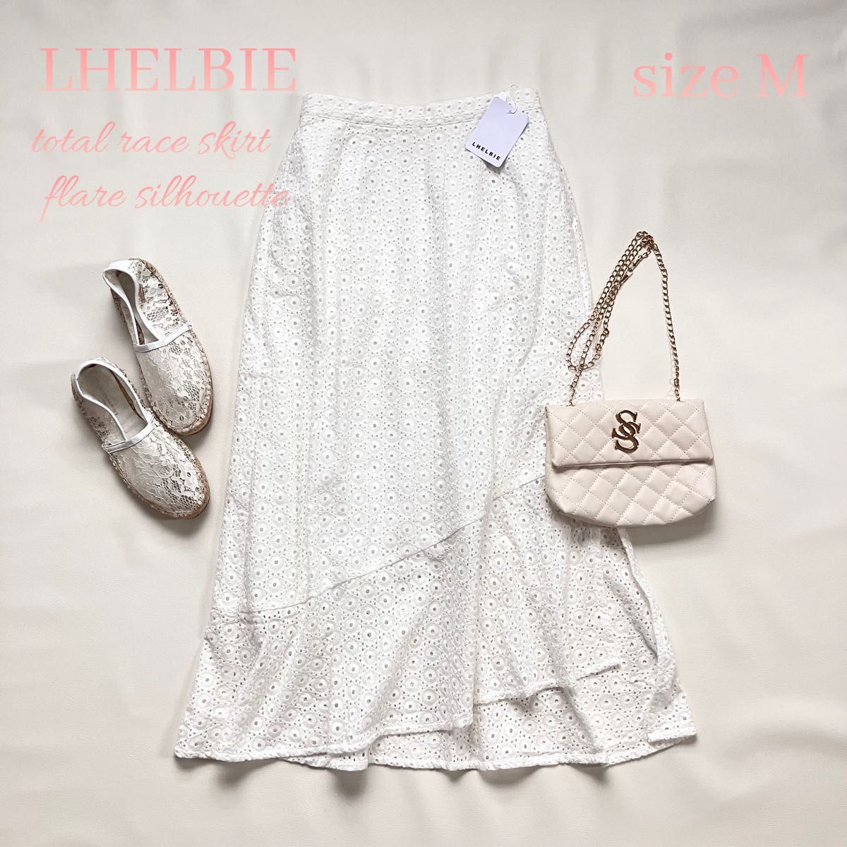 ◆新品◆LHELBIE◆白レースロングスカート◆マーメイドフレア◆綿100%◆M