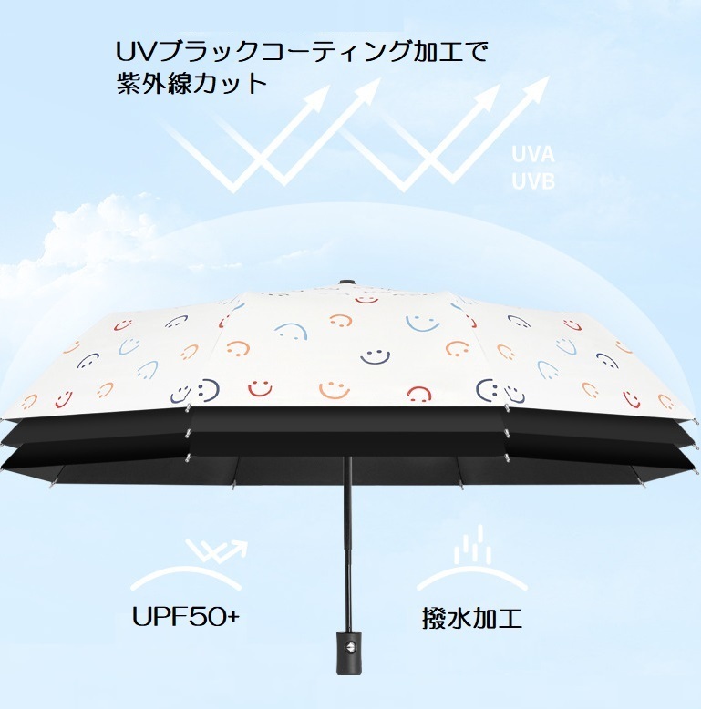 ■新品/訳あり■逆折り■ニコちゃん【折り畳み傘】晴雨兼用 uvカット【オフホワイト】8本骨　逆さ　日傘　雨傘　スマイリー　 遮光・遮熱_画像4